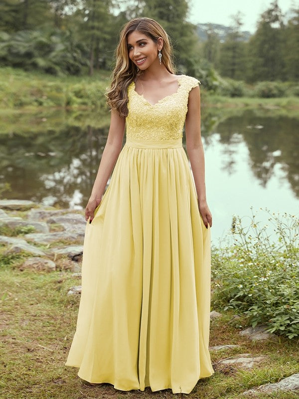 A-Line/Princess Chiffon Applique Sweetheart Sleeveless Floor-Length Bridesmaid Dresses Evening Prom Dress