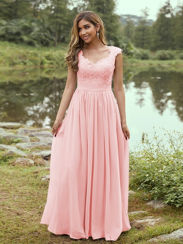 A-Line/Princess Chiffon Applique Sweetheart Sleeveless Floor-Length Bridesmaid Dresses Evening Prom Dress