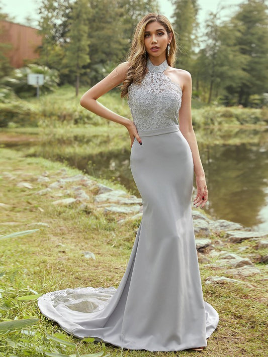 Vestido de noche para dama de honor, corte tubo/columna, elástico, de crepé, con encaje, halter, sin mangas, con cola larga