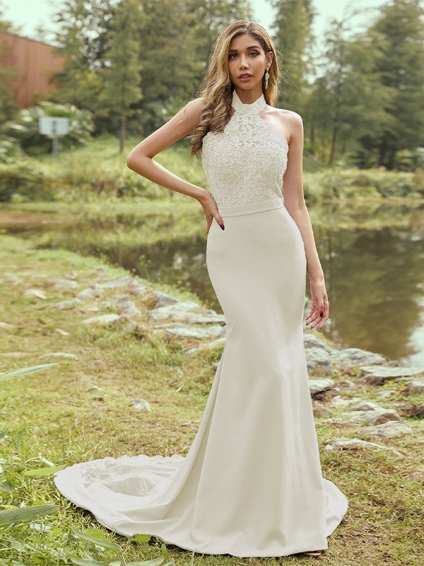 Sheath/Column Stretch Crepe Lace Halter Sleeveless Sweep/Brush Train Bridesmaid Dresses Evening Dress