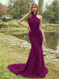 Sheath/Column Stretch Crepe Lace Halter Sleeveless Sweep/Brush Train Bridesmaid Dresses Evening Dress
