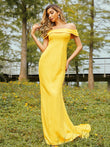 Sheath/Column Jersey Ruched Off-the-Shoulder Sleeveless Sweep/Brush Train Bridesmaid Dresses Evening Dress