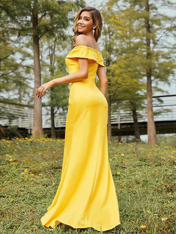 Sheath/Column Jersey Ruched Off-the-Shoulder Sleeveless Sweep/Brush Train Bridesmaid Dresses Evening Dress