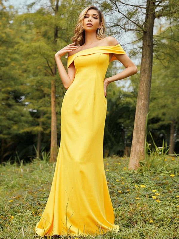 Sheath/Column Jersey Ruched Off-the-Shoulder Sleeveless Sweep/Brush Train Bridesmaid Dresses Evening Dress