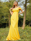Sheath/Column Jersey Ruched Off-the-Shoulder Sleeveless Sweep/Brush Train Bridesmaid Dresses Evening Dress