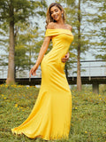 Sheath/Column Jersey Ruched Off-the-Shoulder Sleeveless Sweep/Brush Train Bridesmaid Dresses Evening Dress