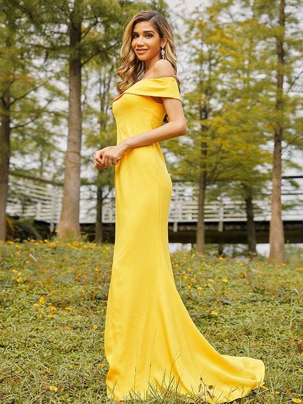 Sheath/Column Jersey Ruched Off-the-Shoulder Sleeveless Sweep/Brush Train Bridesmaid Dresses Evening Dress