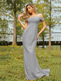 Sheath/Column Jersey Ruched Off-the-Shoulder Sleeveless Sweep/Brush Train Bridesmaid Dresses Evening Dress