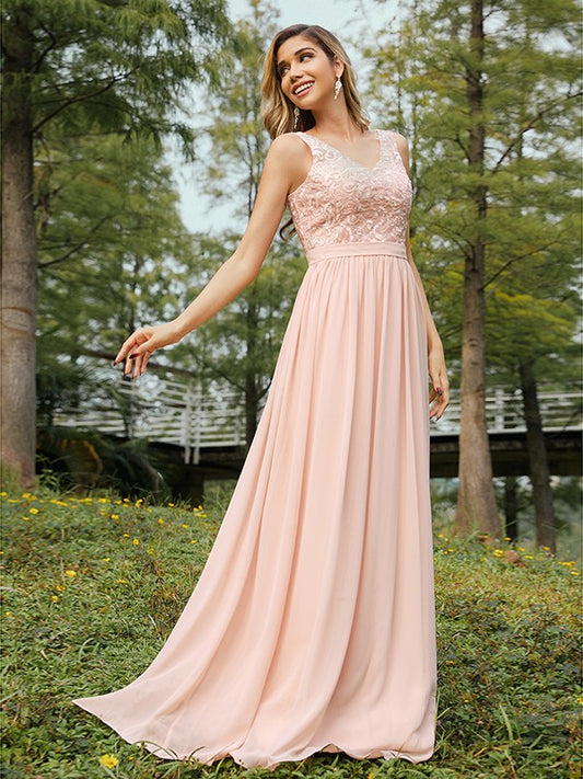 A-Line/Princess Chiffon Lace V-neck Sleeveless Floor-Length Bridesmaid Dresses Evening Prom Dress