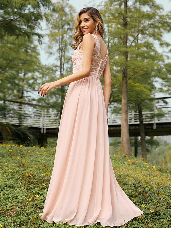 A-Line/Princess Chiffon Lace V-neck Sleeveless Floor-Length Bridesmaid Dresses Evening Prom Dress