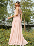 A-Line/Princess Chiffon Lace V-neck Sleeveless Floor-Length Bridesmaid Dresses Evening Prom Dress