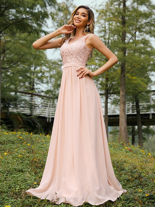 A-Line/Princess Chiffon Lace V-neck Sleeveless Floor-Length Bridesmaid Dresses Evening Prom Dress
