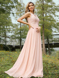 A-Line/Princess Chiffon Lace V-neck Sleeveless Floor-Length Bridesmaid Dresses Evening Prom Dress