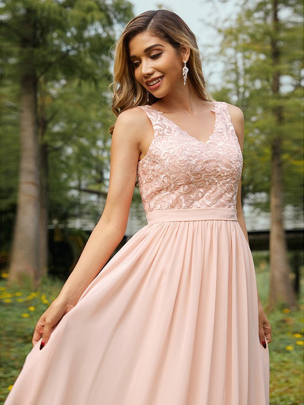 A-Line/Princess Chiffon Lace V-neck Sleeveless Floor-Length Bridesmaid Dresses Evening Prom Dress