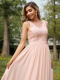 A-Line/Princess Chiffon Lace V-neck Sleeveless Floor-Length Bridesmaid Dresses Evening Prom Dress