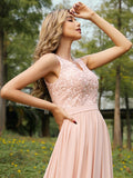 A-Line/Princess Chiffon Lace V-neck Sleeveless Floor-Length Bridesmaid Dresses Evening Prom Dress