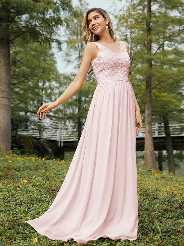 A-Line/Princess Chiffon Lace V-neck Sleeveless Floor-Length Bridesmaid Dresses Evening Prom Dress