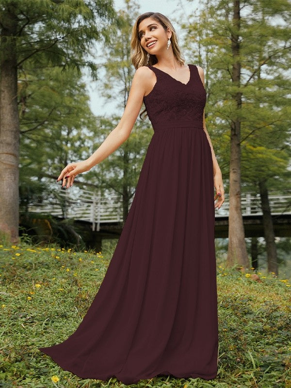 A-Line/Princess Chiffon Lace V-neck Sleeveless Floor-Length Bridesmaid Dresses Evening Prom Dress