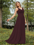 A-Line/Princess Chiffon Lace V-neck Sleeveless Floor-Length Bridesmaid Dresses Evening Prom Dress