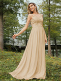 A-Line/Princess Chiffon Lace V-neck Sleeveless Floor-Length Bridesmaid Dresses Evening Prom Dress