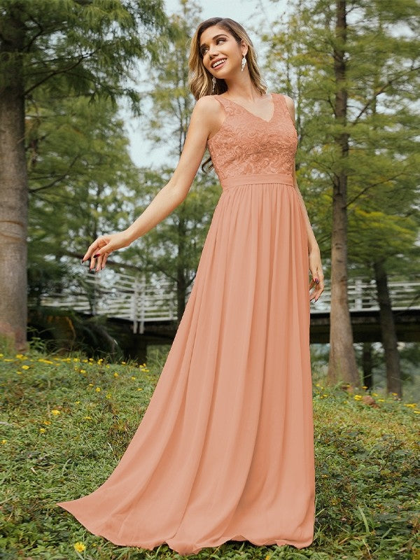 A-Line/Princess Chiffon Lace V-neck Sleeveless Floor-Length Bridesmaid Dresses Evening Prom Dress