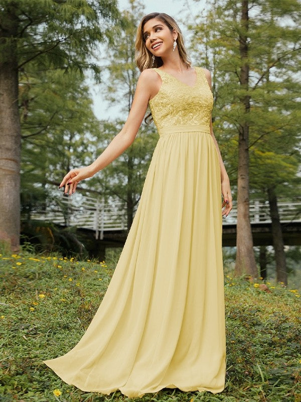 A-Line/Princess Chiffon Lace V-neck Sleeveless Floor-Length Bridesmaid Dresses Evening Prom Dress