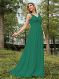 A-Line/Princess Chiffon Lace V-neck Sleeveless Floor-Length Bridesmaid Dresses Evening Prom Dress