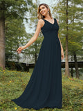 A-Line/Princess Chiffon Lace V-neck Sleeveless Floor-Length Bridesmaid Dresses Evening Prom Dress