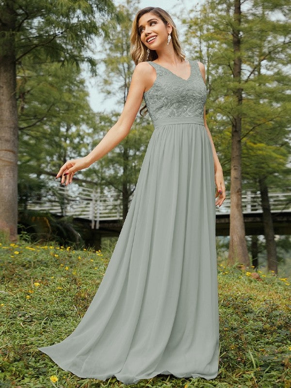 A-Line/Princess Chiffon Lace V-neck Sleeveless Floor-Length Bridesmaid Dresses Evening Prom Dress