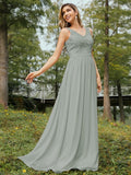 A-Line/Princess Chiffon Lace V-neck Sleeveless Floor-Length Bridesmaid Dresses Evening Prom Dress