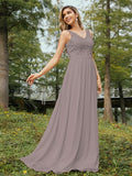 A-Line/Princess Chiffon Lace V-neck Sleeveless Floor-Length Bridesmaid Dresses Evening Prom Dress