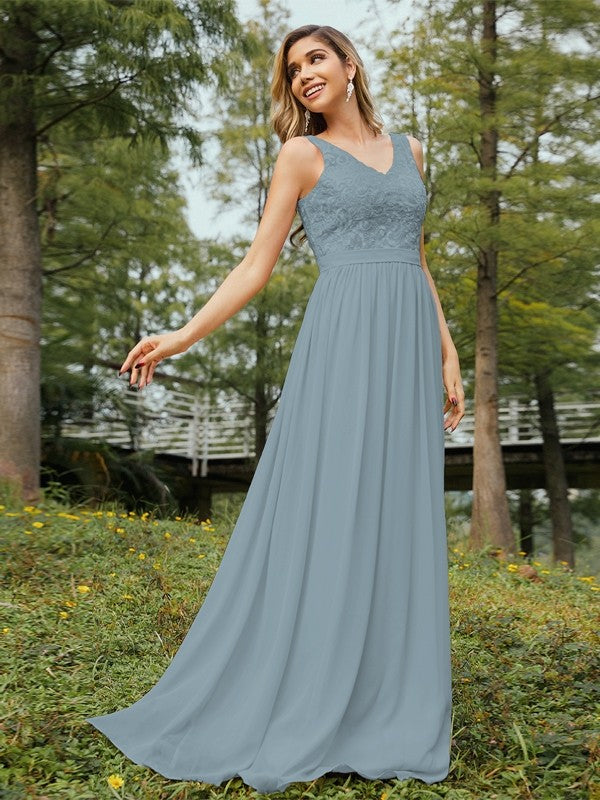 A-Line/Princess Chiffon Lace V-neck Sleeveless Floor-Length Bridesmaid Dresses Evening Prom Dress