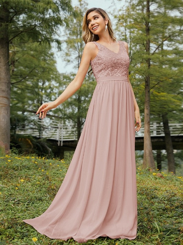 A-Line/Princess Chiffon Lace V-neck Sleeveless Floor-Length Bridesmaid Dresses Evening Prom Dress