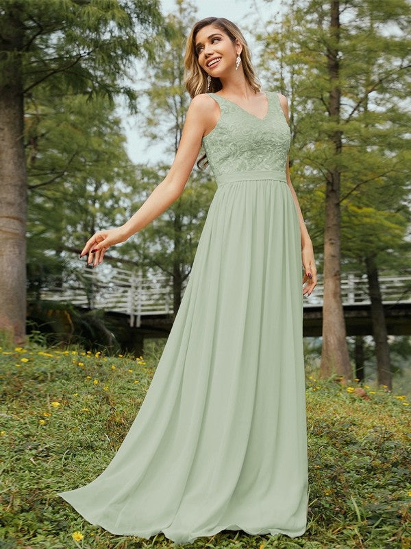 A-Line/Princess Chiffon Lace V-neck Sleeveless Floor-Length Bridesmaid Dresses Evening Prom Dress
