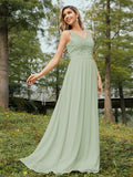 A-Line/Princess Chiffon Lace V-neck Sleeveless Floor-Length Bridesmaid Dresses Evening Prom Dress