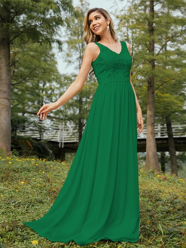A-Line/Princess Chiffon Lace V-neck Sleeveless Floor-Length Bridesmaid Dresses Evening Prom Dress