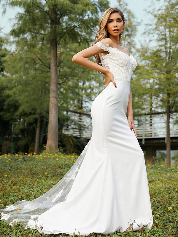 A-Line/Princess Stretch Crepe Off-the-Shoulder Sleeveless Sweep/Brush Train Bridesmaid Dresses Evening Dress