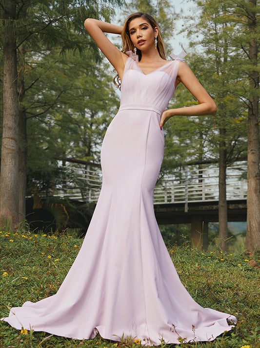 Trumpet/Mermaid Stretch Crepe Ruched V-neck Sleeveless Sweep/Brush Train Bridesmaid Dresses Evening Dress