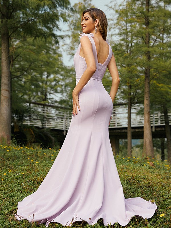 Trumpet/Mermaid Stretch Crepe Ruched V-neck Sleeveless Sweep/Brush Train Bridesmaid Dresses Evening Dress
