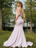 Trumpet/Mermaid Stretch Crepe Ruched V-neck Sleeveless Sweep/Brush Train Bridesmaid Dresses Evening Dress