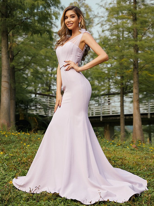 Trumpet/Mermaid Stretch Crepe Ruched V-neck Sleeveless Sweep/Brush Train Bridesmaid Dresses Evening Dress