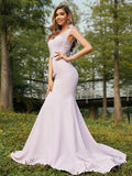 Trumpet/Mermaid Stretch Crepe Ruched V-neck Sleeveless Sweep/Brush Train Bridesmaid Dresses Evening Dress