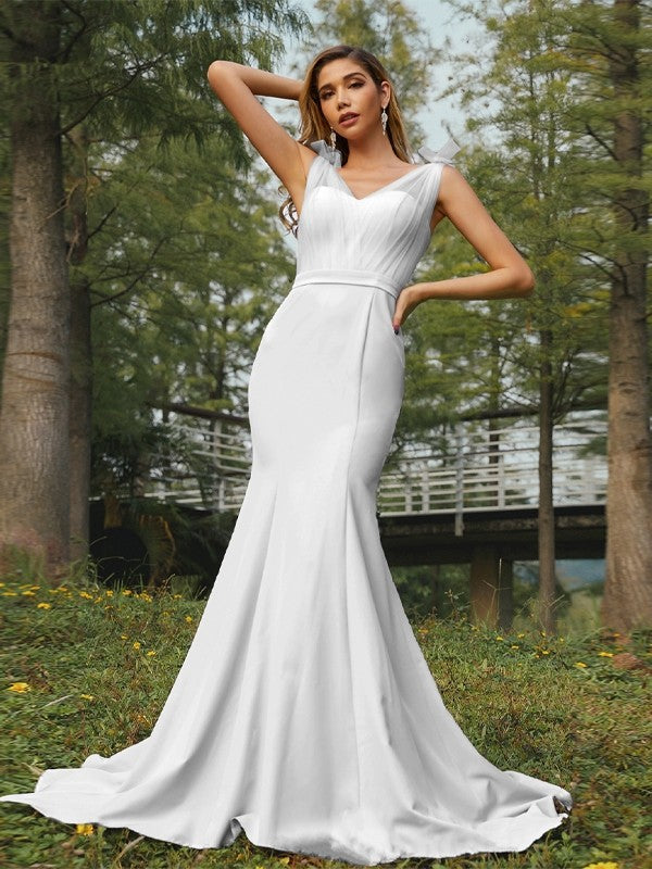 Trumpet/Mermaid Stretch Crepe Ruched V-neck Sleeveless Sweep/Brush Train Bridesmaid Dresses Evening Dress