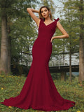 Trumpet/Mermaid Stretch Crepe Ruched V-neck Sleeveless Sweep/Brush Train Bridesmaid Dresses Evening Dress