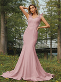 Trumpet/Mermaid Stretch Crepe Ruched V-neck Sleeveless Sweep/Brush Train Bridesmaid Dresses Evening Dress