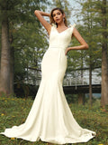 Trumpet/Mermaid Stretch Crepe Ruched V-neck Sleeveless Sweep/Brush Train Bridesmaid Dresses Evening Dress