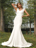 Trumpet/Mermaid Stretch Crepe Ruched V-neck Sleeveless Sweep/Brush Train Bridesmaid Dresses Evening Dress