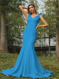 Trumpet/Mermaid Stretch Crepe Ruched V-neck Sleeveless Sweep/Brush Train Bridesmaid Dresses Evening Dress