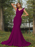 Trumpet/Mermaid Stretch Crepe Ruched V-neck Sleeveless Sweep/Brush Train Bridesmaid Dresses Evening Dress