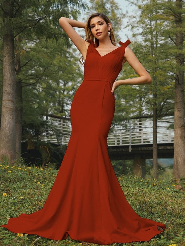 Trumpet/Mermaid Stretch Crepe Ruched V-neck Sleeveless Sweep/Brush Train Bridesmaid Dresses Evening Dress